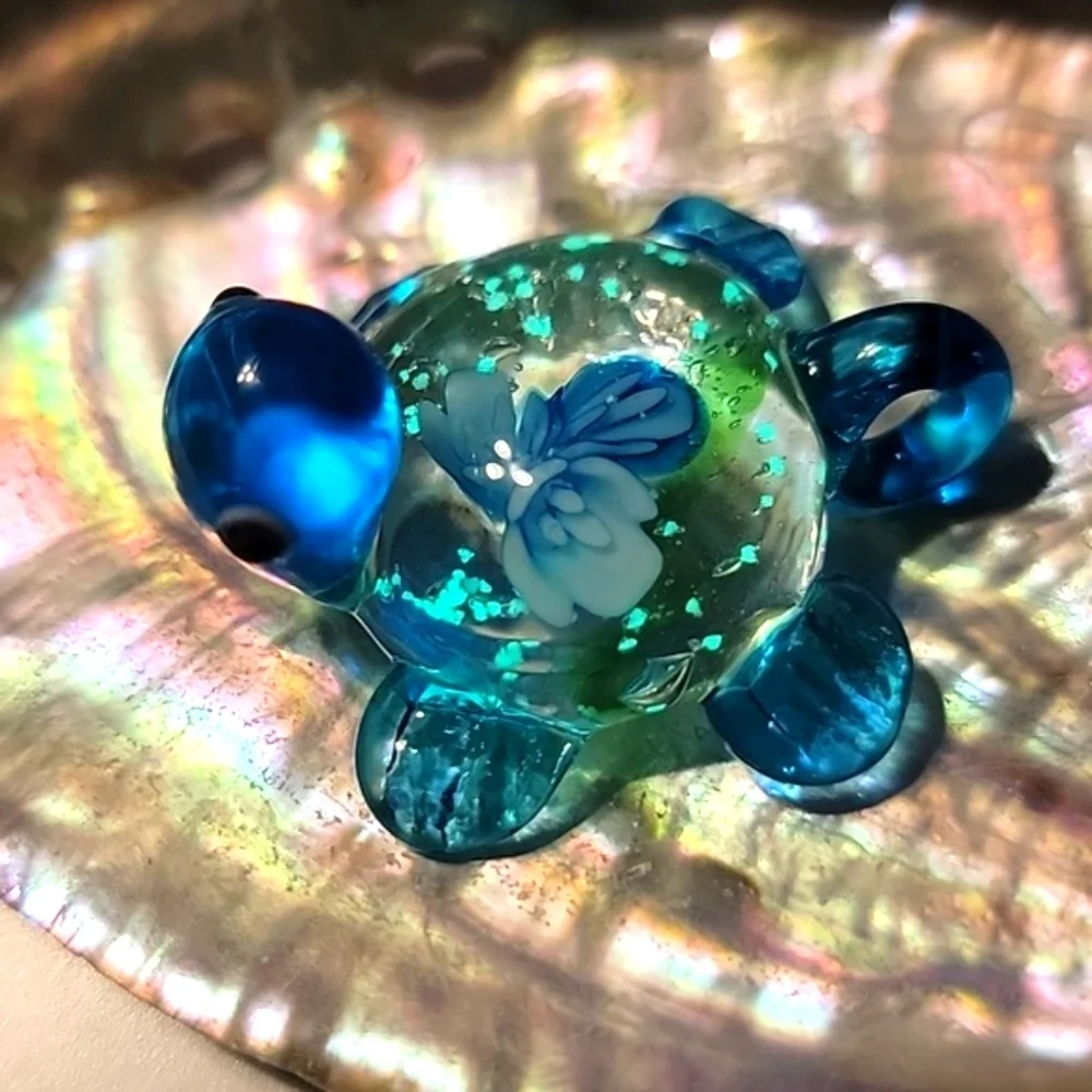 NEW Handcrafted Blown Art Glass Turtle Charm Pendant Floral with Luminous Specks